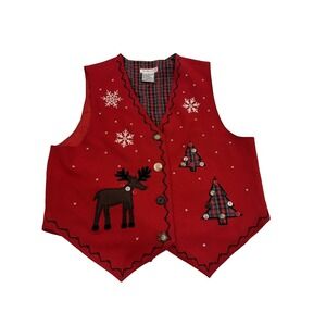 Talbots Christmas Women's  Red Wool  Buttons Applique Vest Size M Tartan Plaid